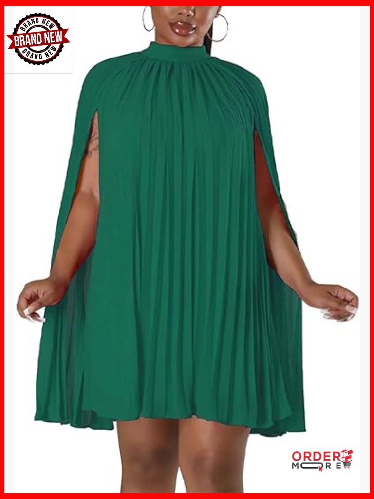 Cape Sleeve Pleated Split Short Dress Loose Fit Cocktail Party Flowy